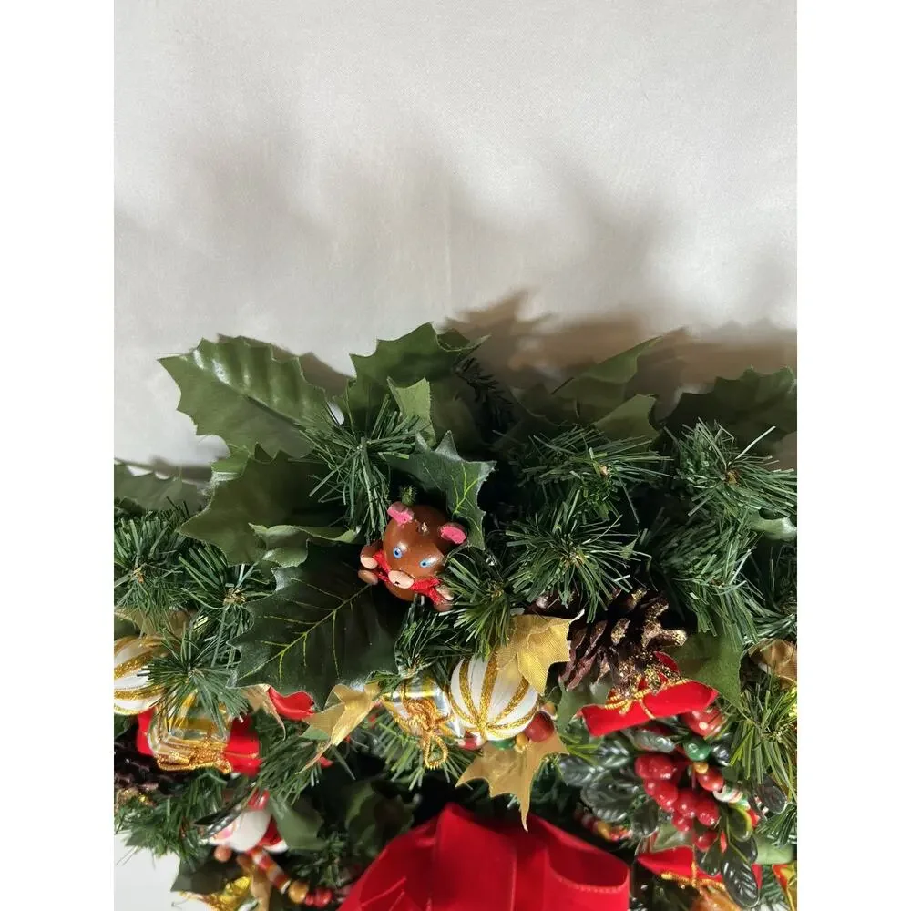 Vintage 16” Christmas Wreath Wood Beads Santa Bear Mouse Velvet Bow Gold & Red
